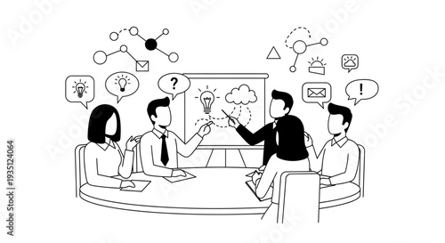 Four diverse team members engage in a collaborative brainstorming session around a whiteboard displaying interconnected ideas and question marks.
