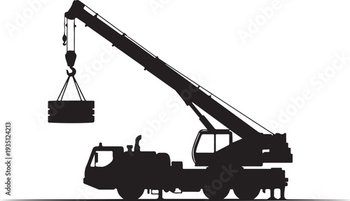 Black silhouette of a crane truck lifting load on a white background, minimal outline