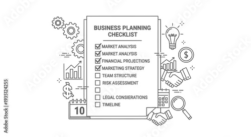Checklist detailing essential steps for comprehensive business planning, including market analysis, financial projections, and risk assessment, surrounded by conceptual icons.