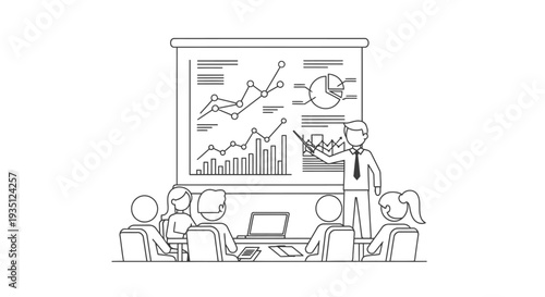Speaker pointing at charts during a professional business presentation outlining financial growth metrics to an attentive seated audience in a meeting room setting.