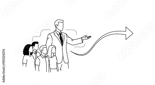 Businessman in a suit gestures toward an upward curving arrow while addressing a small diverse group of attentive employees during a presentation or training session.