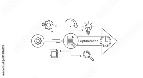 Document optimization process flows through interconnected steps involving gears, a lightbulb, a magnifying glass, and culminates in a clock indicating timely completion.
