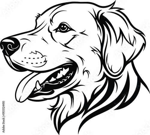 Golden retriever dog head line drawing, black and white artwork illustration, pet animal symbol graphic, friendly canine concept artwork, detailed profile design