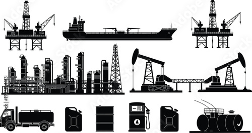 Black silhouette icon set of oil rigs petroleum refinery cargo ships and gas pumps isolated on white background for energy and industrial design