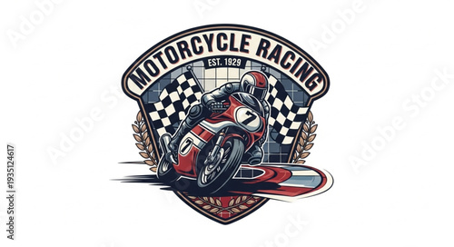 Motorcycle racing action with a rider speeding towards the finish line.