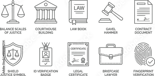 Set of legal and justice line icons including scales of justice, law book, and gavel