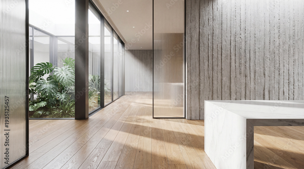 Obraz premium Minimalist architectural interior featuring fluted glass panels, raw concrete textures, and a marble reception desk, embodying the Quiet Luxury of a modern 2026 corporate headquarters.