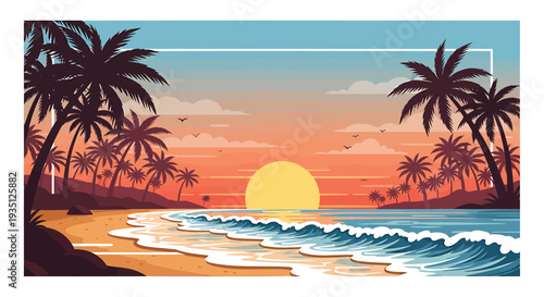 Vector tropical beach sunset background