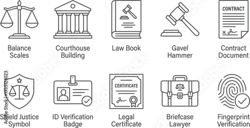 Collection of law and justice linear icons including scales, courthouse, gavel, and documents