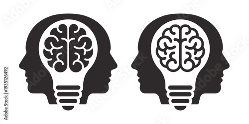 Human head with brain shaped light bulb icon in solid vector style. Representing intelligence, creative thinking, and innovative ideas.