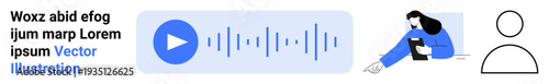 Voice technology, user interface, audio playback, transcription services, digital communication, voice assistants. A play button, sound wave icon person holding a device. Voice technology and user
