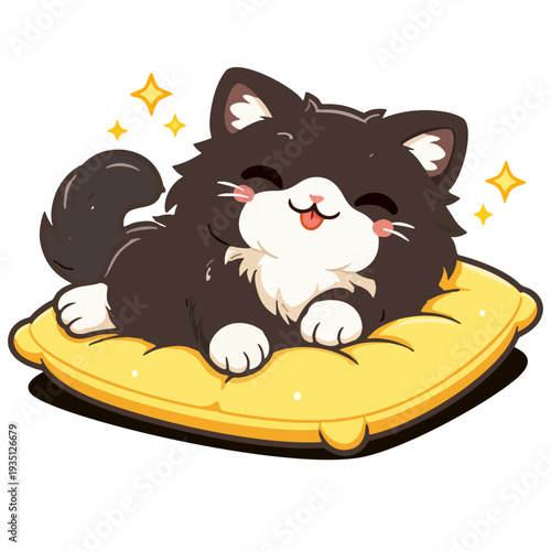 Kawaii black and white cat napping on a cozy cushion vector