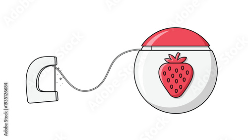 Dental floss dispenser with a strawberry icon and a piece of floss attached to a small handheld pick for hygiene.