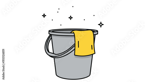 Gray plastic bucket with a yellow cleaning cloth hanging on the side and shining stars for a clean home environment.