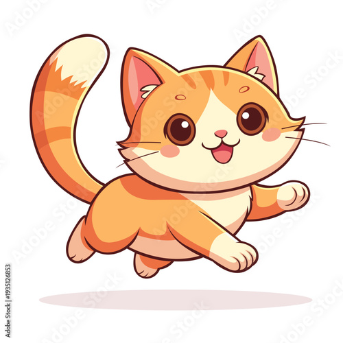 A cute, playful orange tabby kitten with big eyes and a striped tail leaps forward with joy against a clean white background, conveying a fun and energetic mood with bright, warm colors