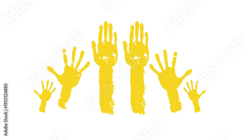 Hand vector illustration of raised yellow hands in different sizes
