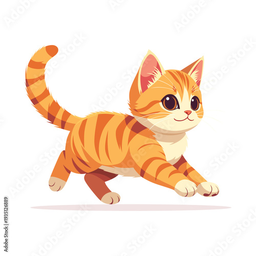 A playful orange tabby kitten with bright eyes and stripes, captured in a dynamic running pose with a cheerful and energetic mood against a clean white background