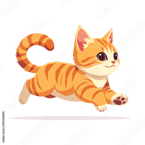 A playful ginger tabby kitten with striped fur, captured mid-stride in a dynamic, cartoonish illustration conveying a joyful and energetic mood against a clean white background