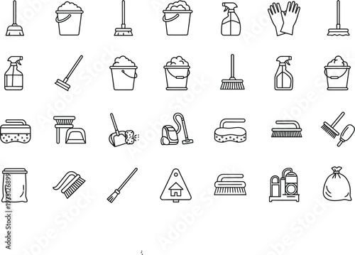 Collection of cleaning supplies and tools icons