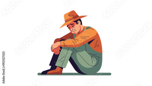 Sad farmer sitting alone in vector illustration style portrait