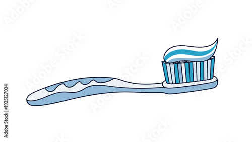 Blue toothbrush with a swirl of striped toothpaste is ready for oral hygiene routine in a cute cartoon drawing.
