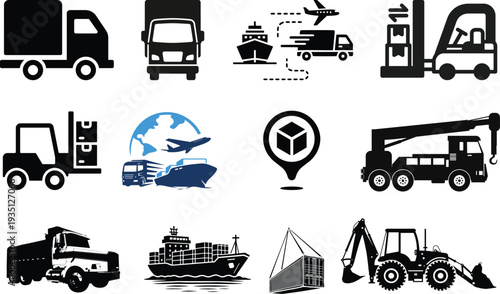 Transportation Icons Grid. Solid, filled icon set of transportation vehicles: car, bus, bicycle, airplane, train, motorcycle, truck, scooter. Solid, filled.Delivery Truck icon set. Express delivery .