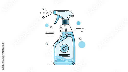 Cleaning spray bottle releasing a fine mist for surface disinfection is illustrated in a clean vector style.