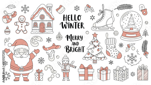 Festive collection of winter and Christmas themed elements including Santa, gifts, and a cozy house as stickers.