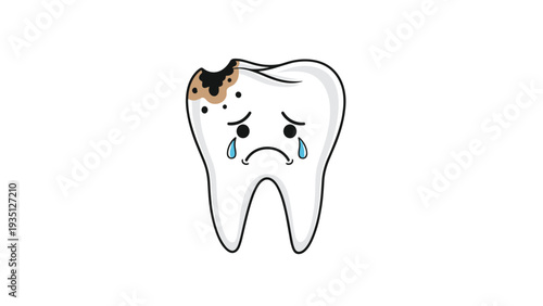 Crying tooth character with a large dark cavity illustrates the pain of tooth decay in a cute cartoon style.