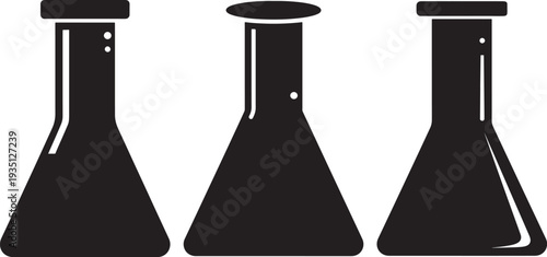 Three silhouette science laboratory flasks on white background