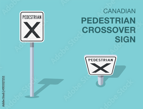 Traffic regulation rules. Isolated canadian "pedestrian crossover" road sign. Front and top view. Flat vector illustration template.