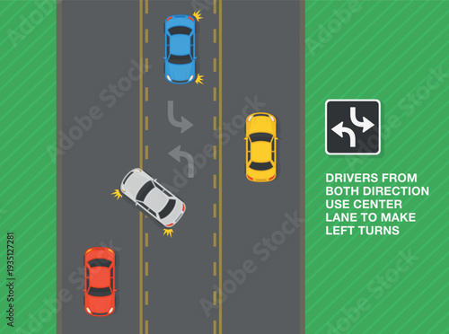 Safe driving tips and traffic regulation rules. Two-way left turn allowed area. Cars from both direction intends to make a left turn on road. Top view. Flat vector illustration template.