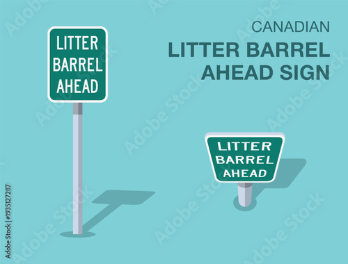 Traffic regulation rules. Isolated canadian "litter barrel ahead" road sign. Front and top view. Flat vector illustration template.