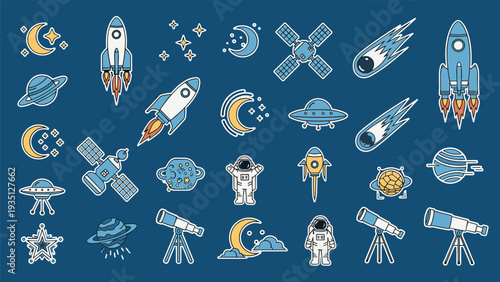 Comprehensive set of outer space stickers featuring rockets, astronauts, planets, and telescopes on a blue field.