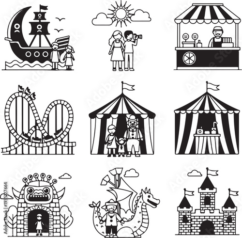Amusement park pictogram icons set. Amusement parks for children and family. Roller coaster and adrenaline rides. Fun and entertainment outdoors.