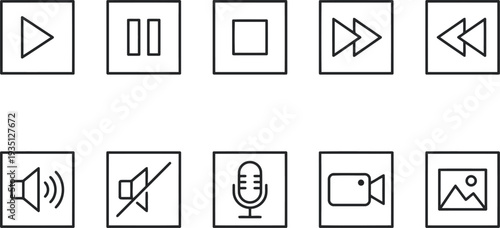 Set of simple linear multimedia control icons including play pause stop and volume buttons