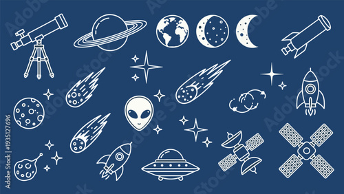 Collection of white line art space icons including planets, aliens, and telescopes is shown on a navy background.