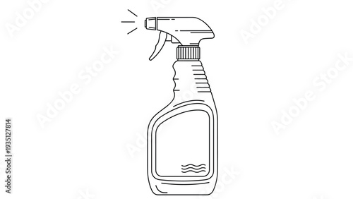 Simple black and white line drawing of a household cleaning spray bottle is shown in a clean vector style.