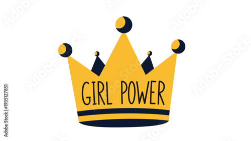 Yellow and dark blue crown illustration with the empowering text girl power is displayed on a white background.