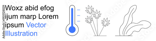 Climate monitoring, plant care, temperature regulation, sustainability, agricultural science, natural health. Blue thermometer alongside botanical graphics. Climate monitoring and plant care concept