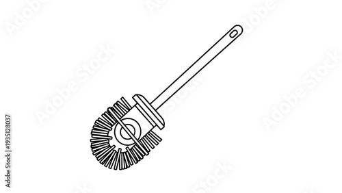 Clean black and white line drawing of a toilet brush for bathroom maintenance is shown in a minimalist style.