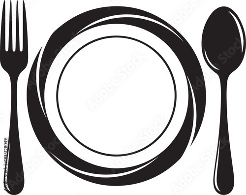 Abstract logo of a cafe or restaurant. A spoon and fork on a plate. A simple outline.