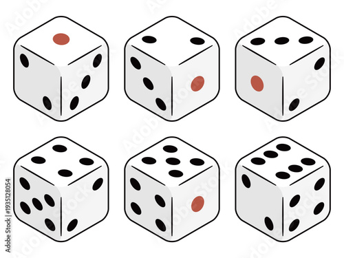 1から6の目が揃った6個セットのサイコロイラスト素材
