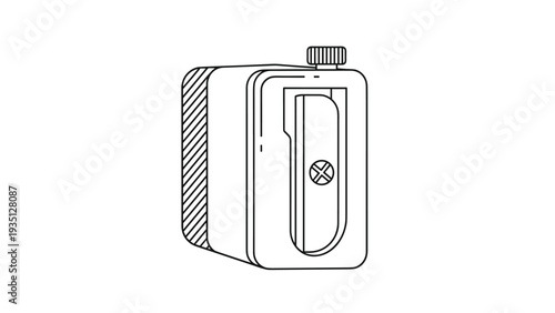 Simple hand held pencil sharpener for sharpening wooden pencils is shown in a clean line art illustration.