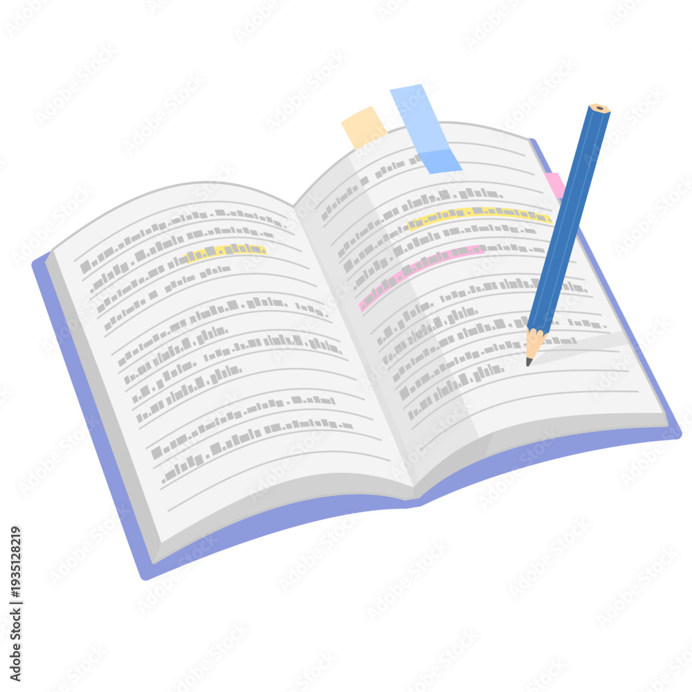 Obraz premium 斜めから見た、シンプルな開いた付箋つきノートと鉛筆のイラスト カラー 線なし