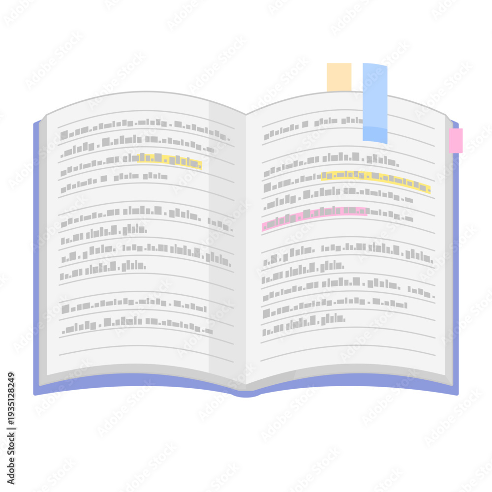 Obraz premium 正面から見た、シンプルな開いた付箋つきノートのイラスト カラー 線なし