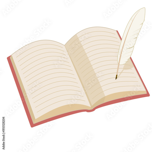 斜めから見た、シンプルな赤い表紙の開いた本と羽ペンのイラスト カラー 線なし