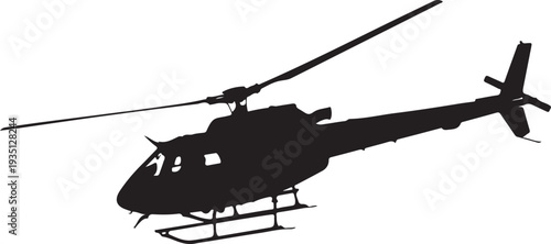 Black silhouette of a helicopter flying on a white background, minimal outline.