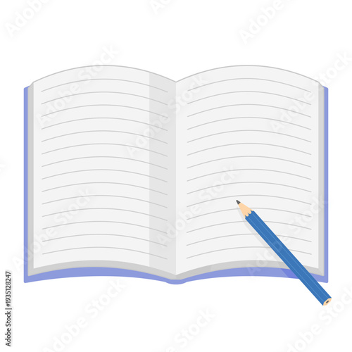 正面から見た、シンプルな開いたノートと鉛筆のイラスト カラー 線なし