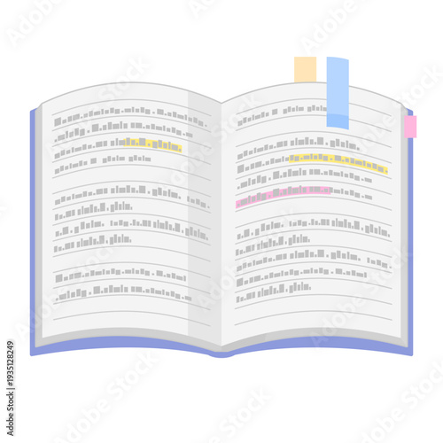 正面から見た、シンプルな開いた付箋つきノートのイラスト カラー 線なし